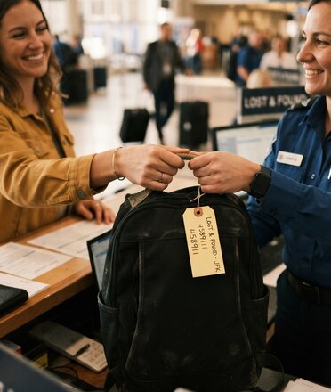 An airline agent handing a tagged black backpack back to its owner at a lost and found desk.