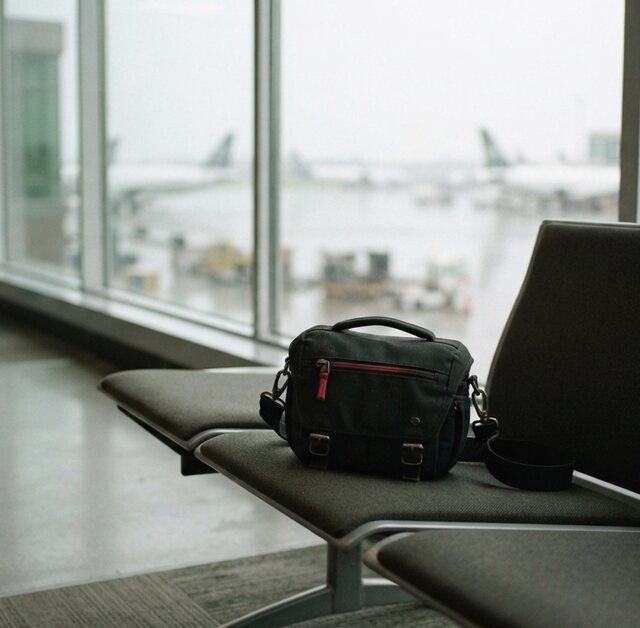 A black camera bag left on a seat beside an airport departure window.